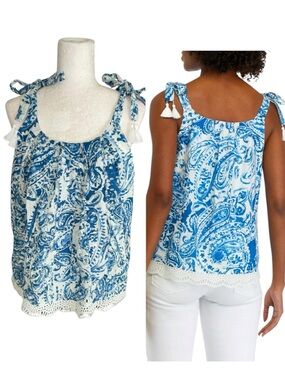 NEW Cupio Blue Off White Sky Inky Paisley Print Eyelet Bow Tie Shoulder Top - L
